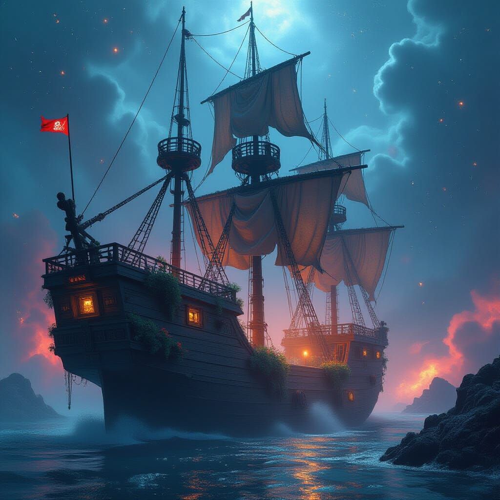 Ancient Pirate Ship Navigates Cosmic Nebula in Biomechanical...