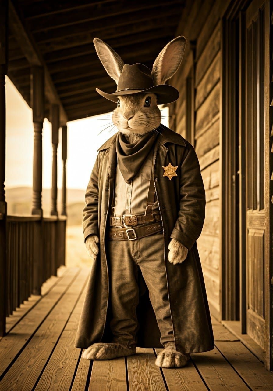 Weathered Sheriff Rabbit Stands Proud in the Wild West