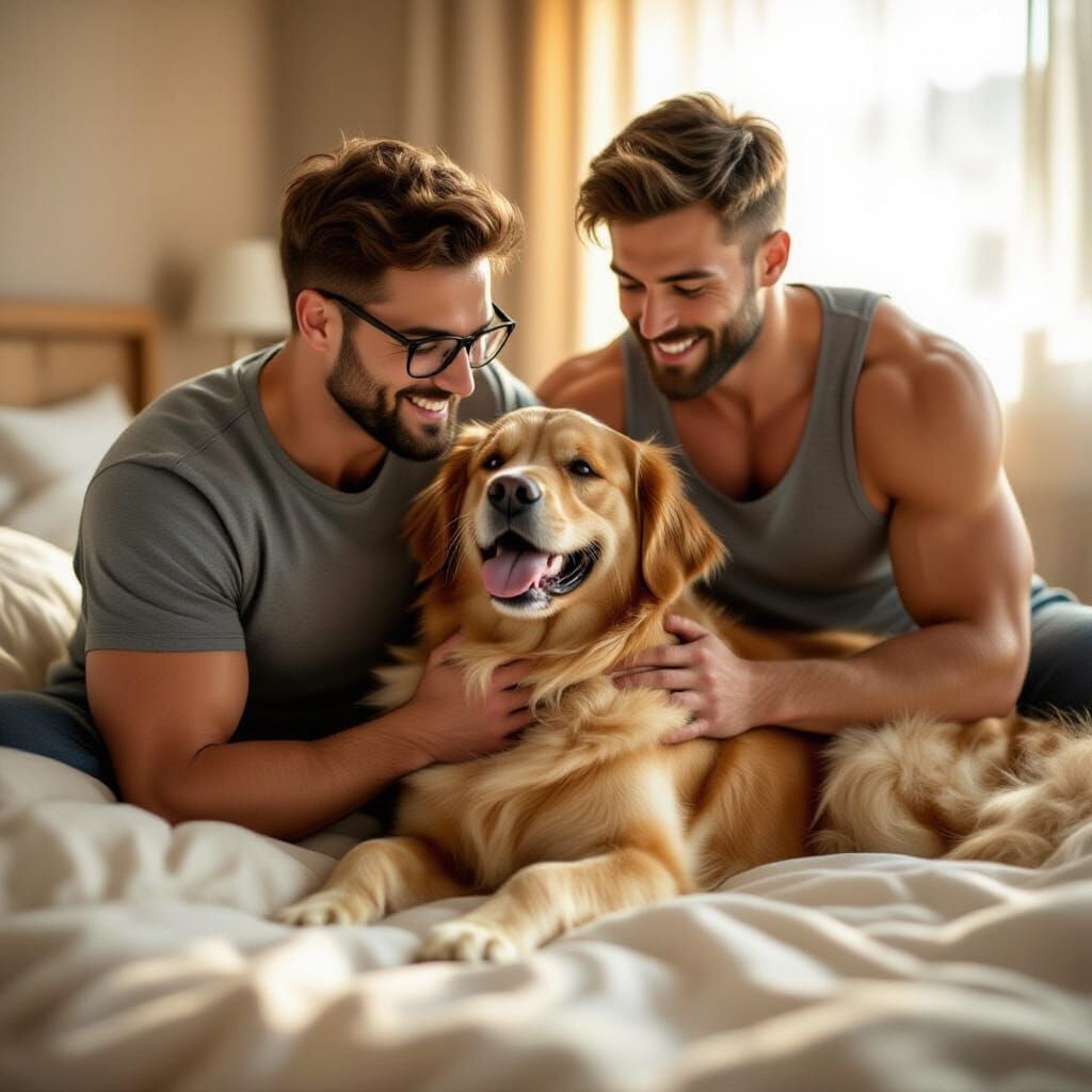 Attractive Men Play With Golden Retriever in Morning Light