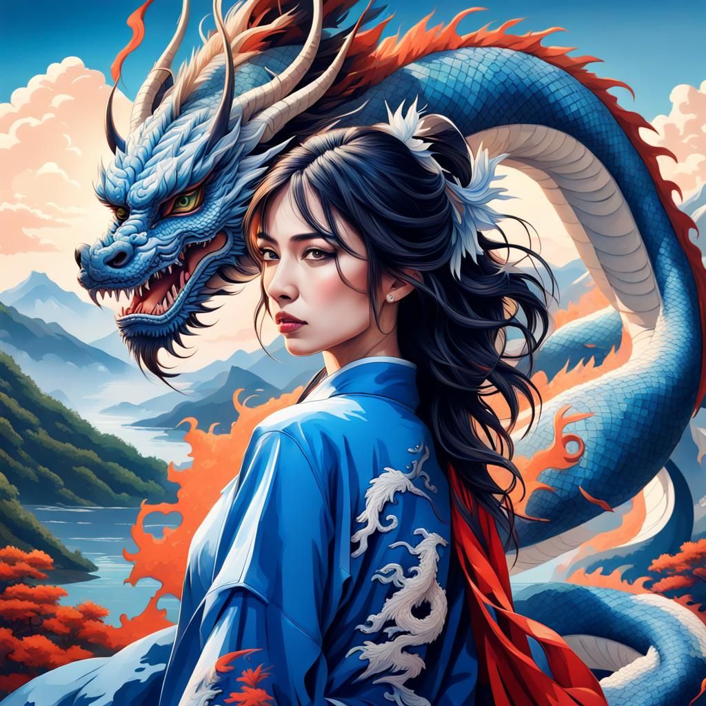 Blue Dragon and Lady in Japanese Clothing