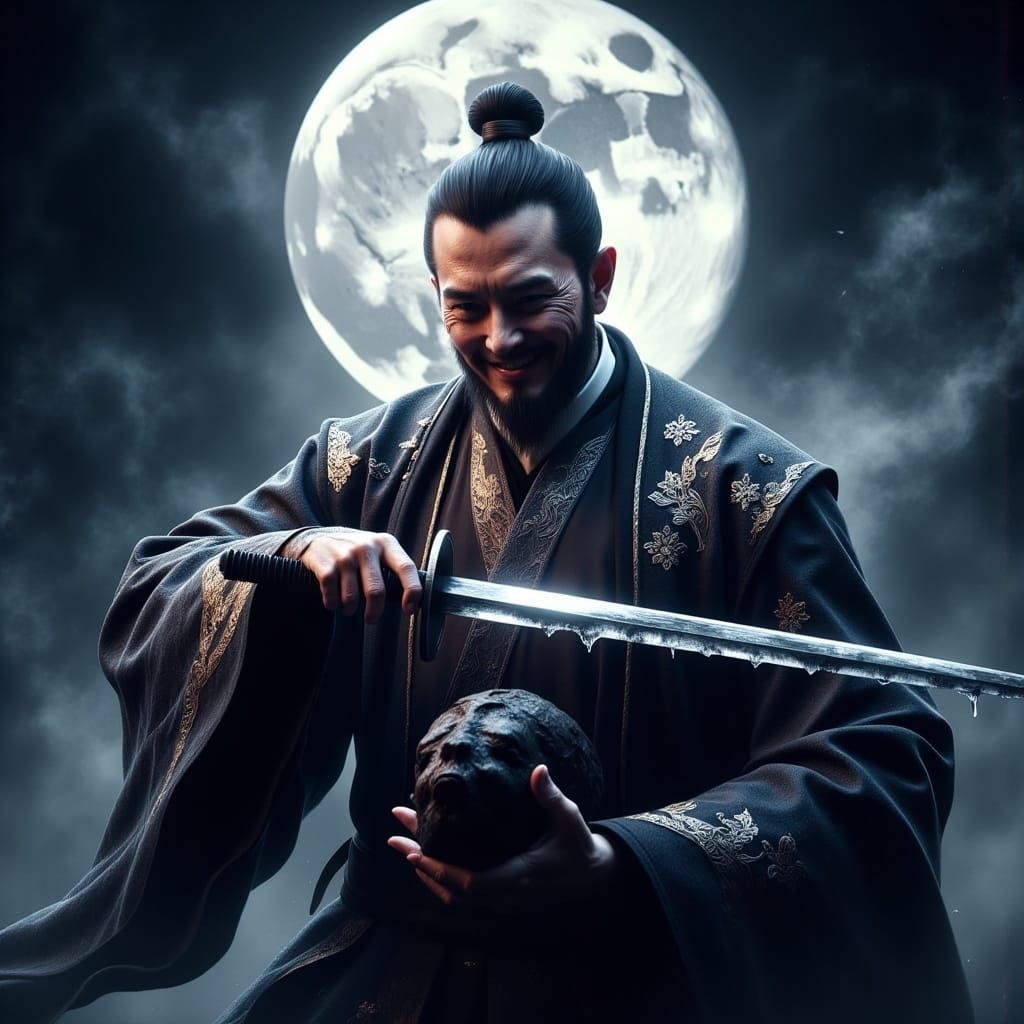 Benevolent Warrior in Korean Royalty Attire under Lunar Glow