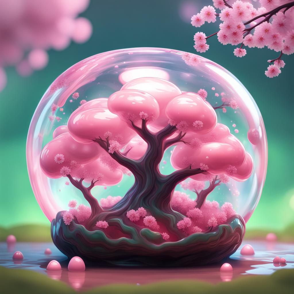 Kawaii Slime Blob with Cherry Blossom Trees