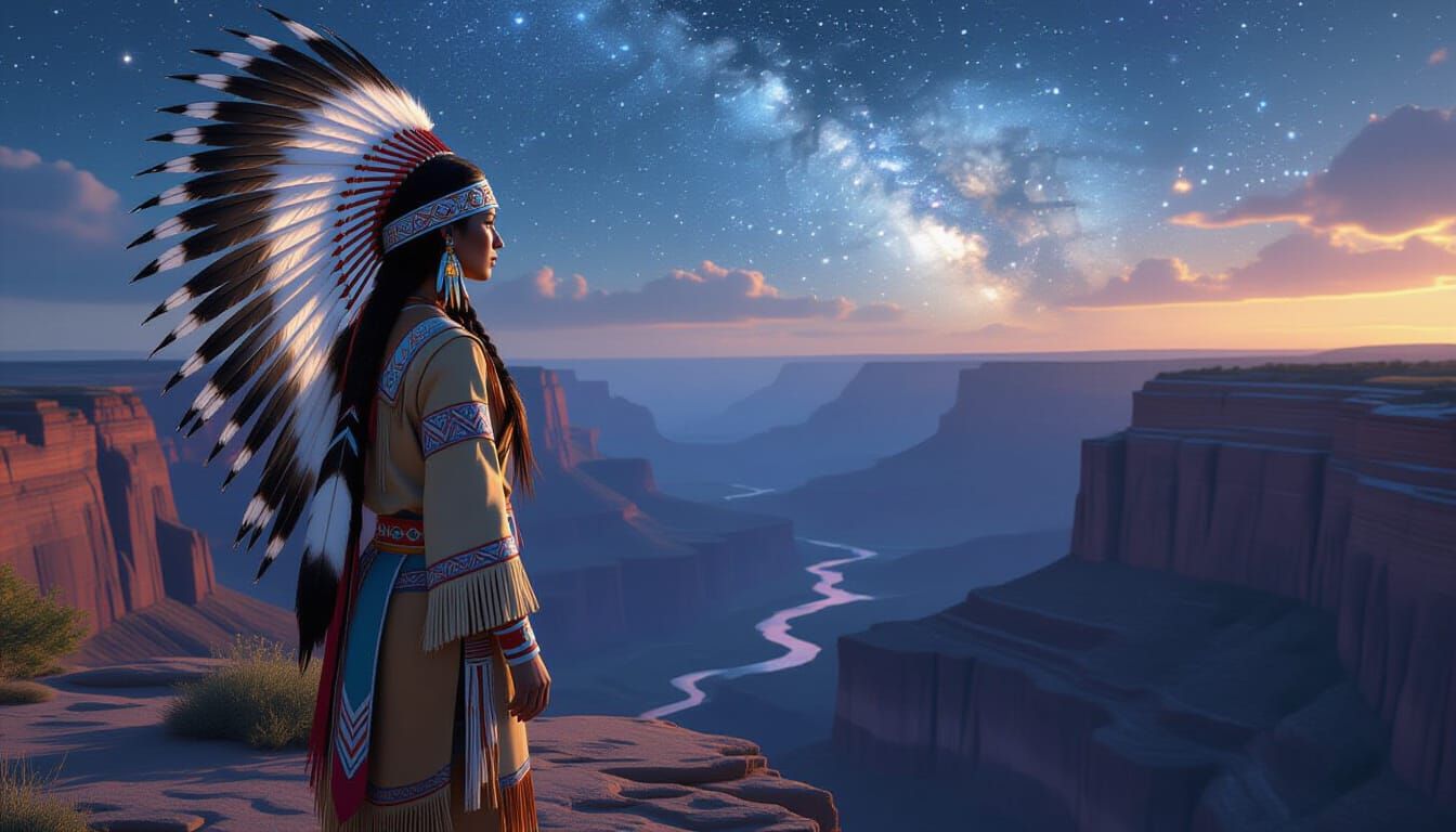 Native American Woman Stargazing, Cinematic Lighting