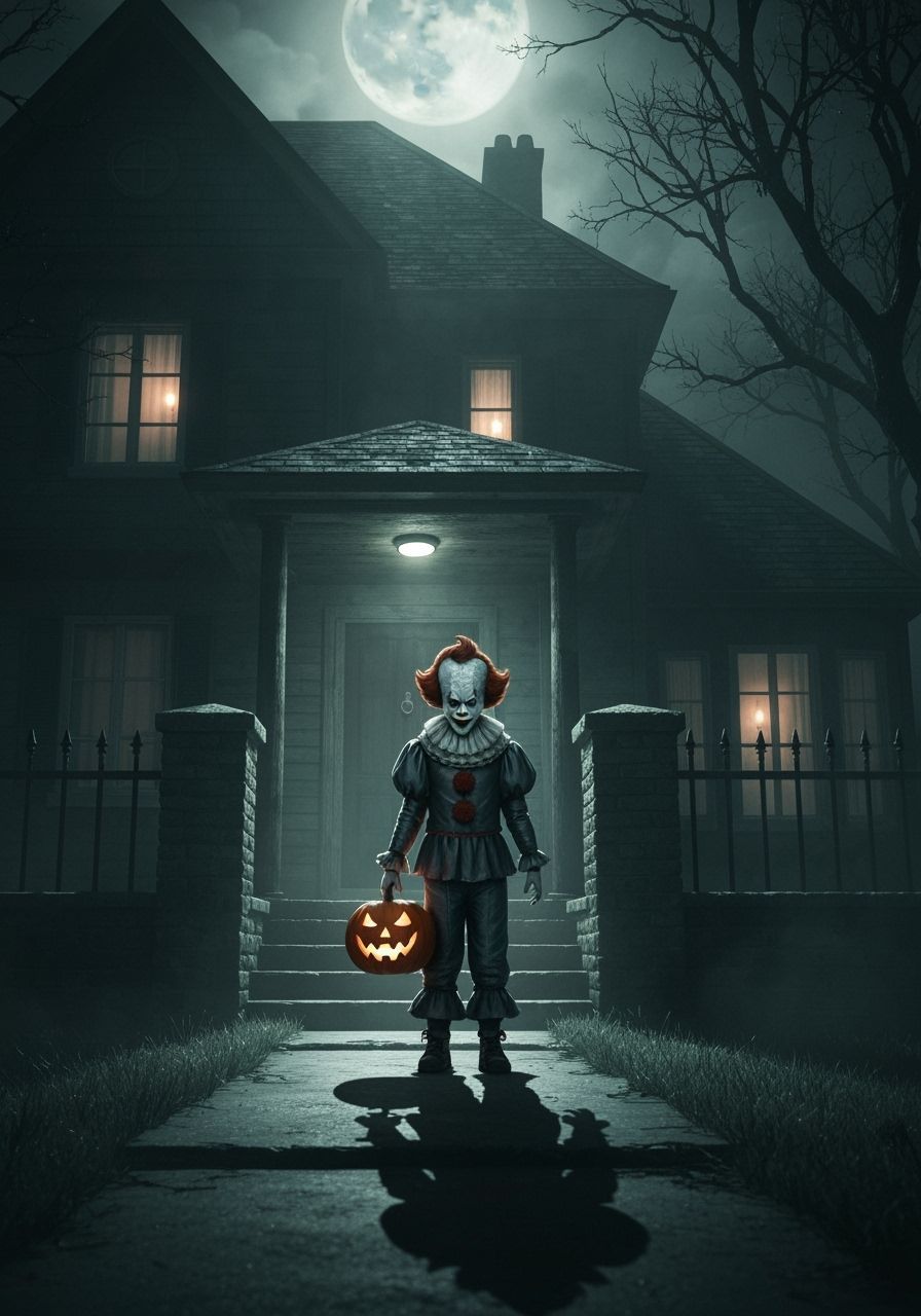 Creepy Pennywise Clown on Haunted House Doorstep