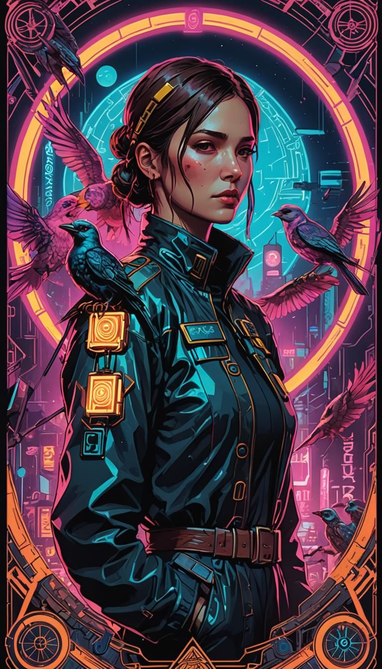 Nine of Pentacles Tarot Card in Cyberpunk Style