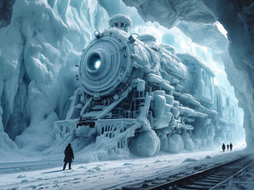 Colossal Frozen Locomotive in Ice Block