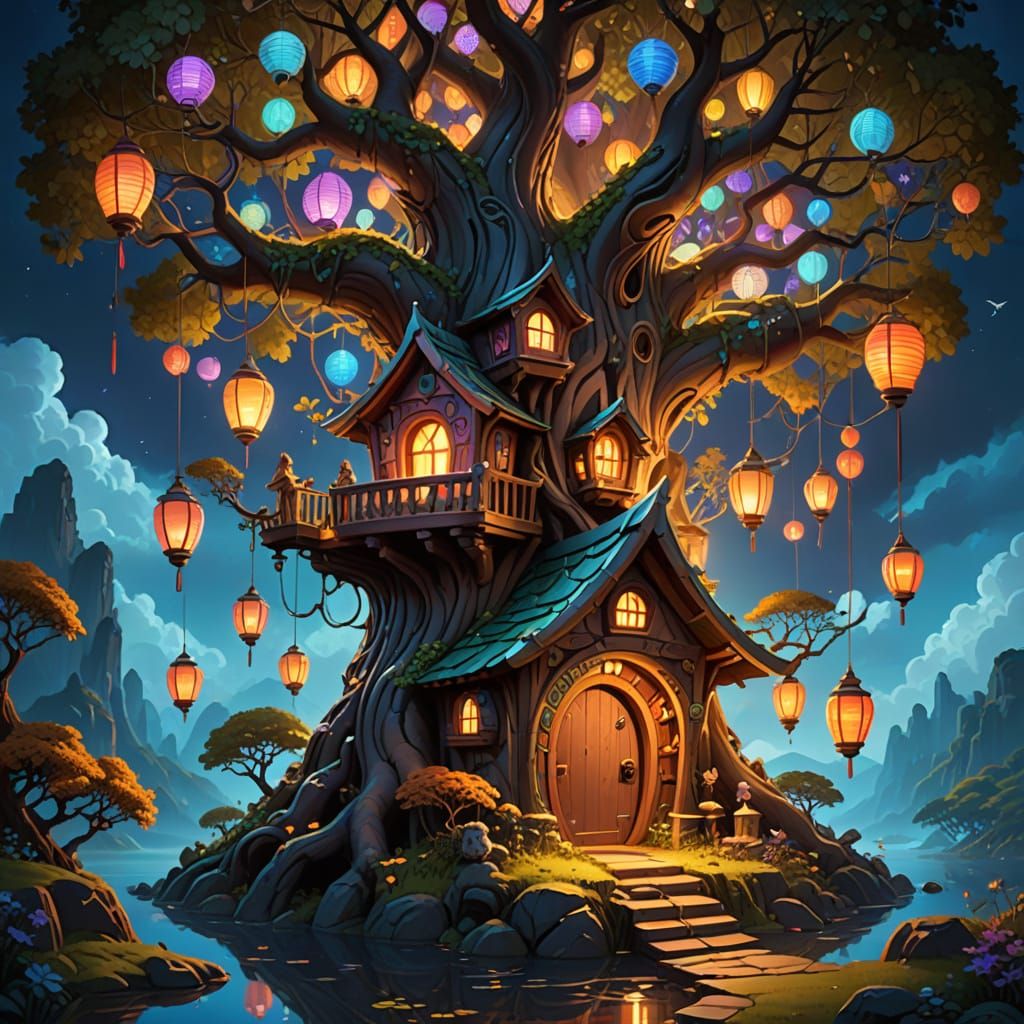 Whimsical Doghouse in Ancient Tree Roots