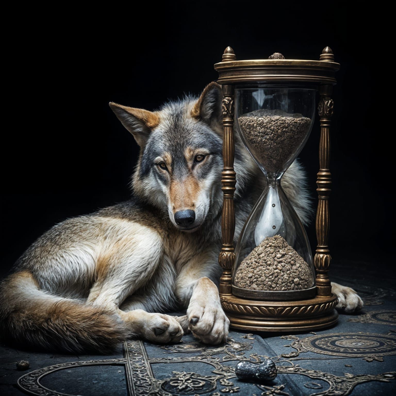 Moonlit Wolf Slumbering Amidst Sand and Shadows