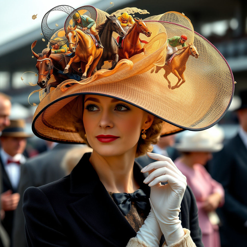 Elegant Woman's Horse Race Hat, Vibrant Art Style