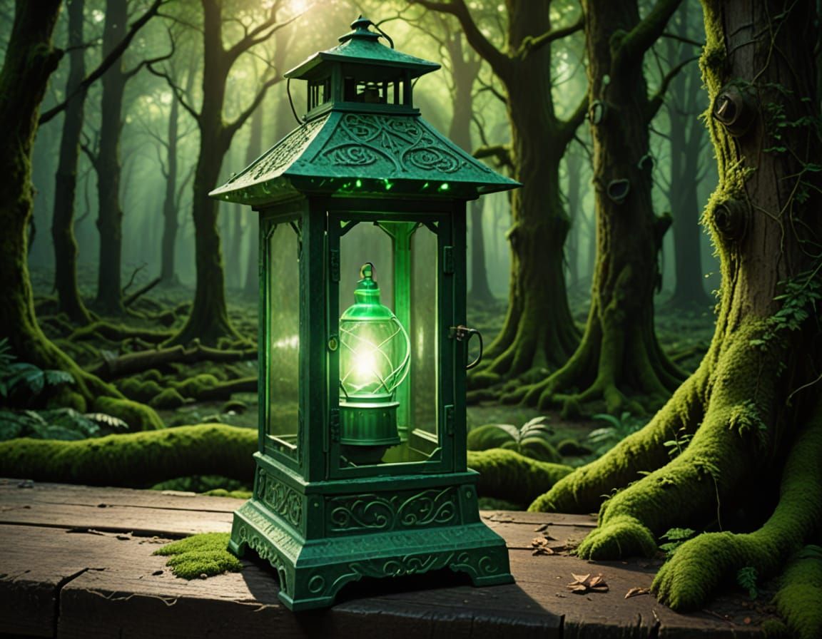 Emerald Lantern in Ancient Forest, Fantasy Art