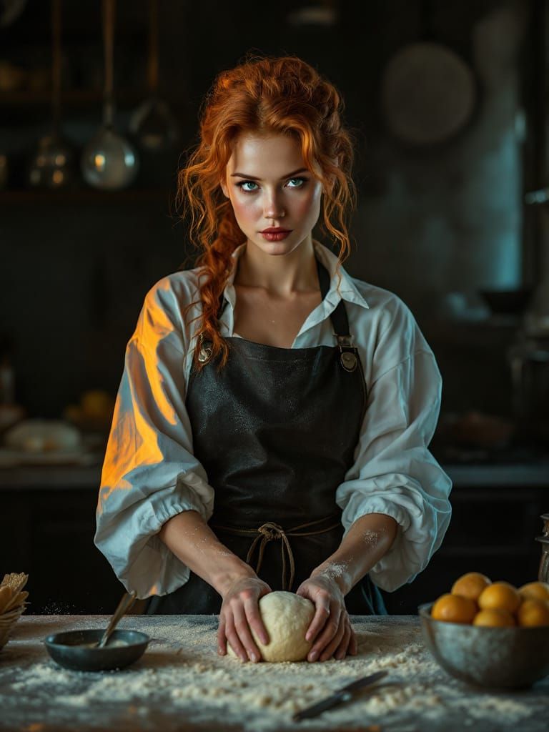 Redhead Baker Kneading Dough in Warm Kitchen
