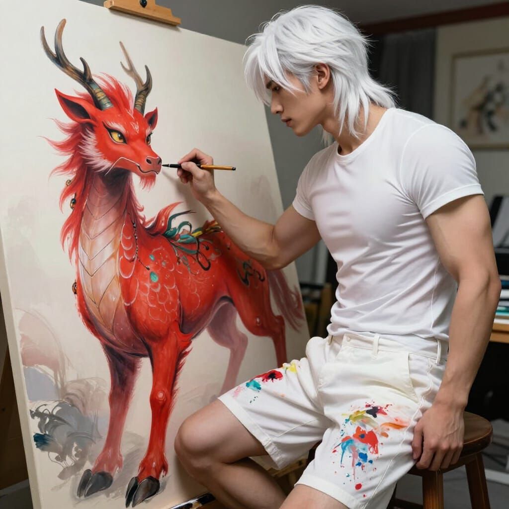 Artist Paints Red Qilin in Dynamic Concept Art Style