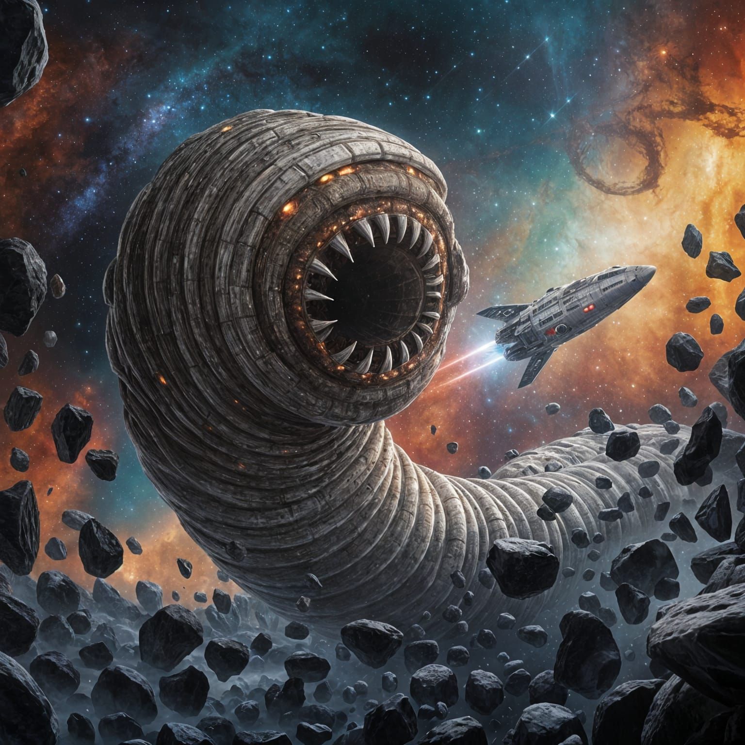 Epic Alien Space Worm Battles a Starship in a Vibrant Nebula