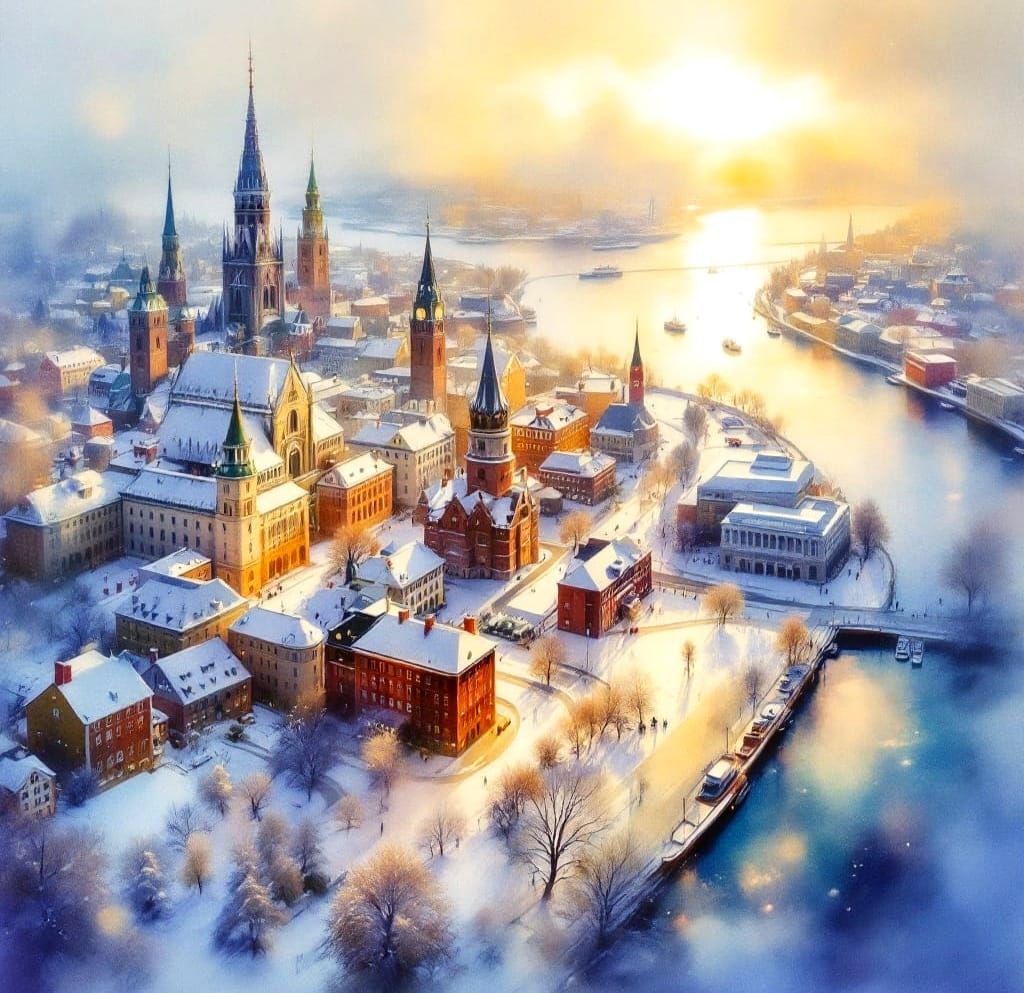 Oslo in Winter: Impressionist Watercolour Aerial View