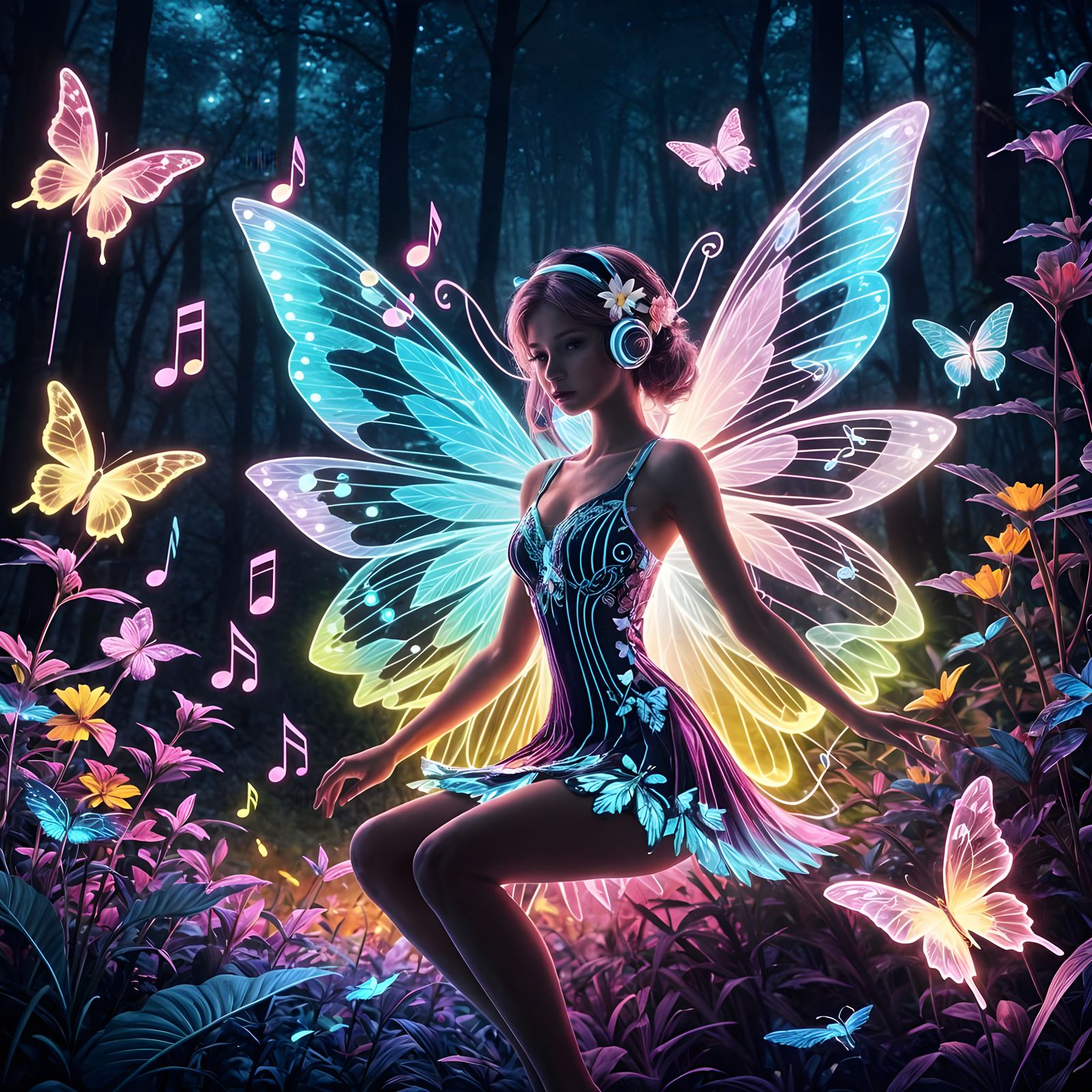 Flower Fairy with Butterflies in Synthwave Style