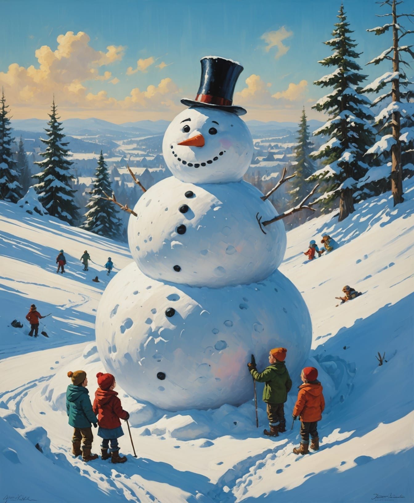 Surreal Snowman Emerges Under Sunny Skies in Whimsical Oil P...
