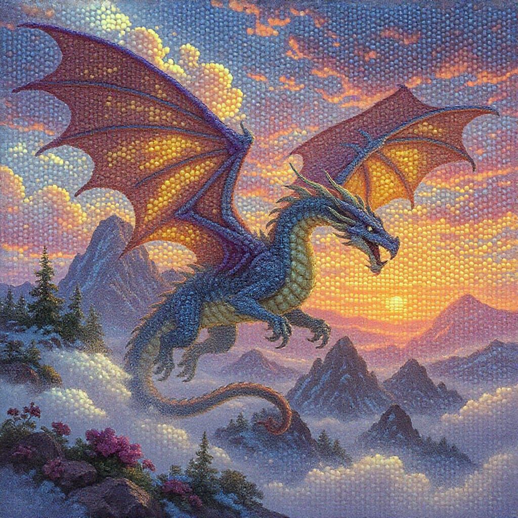 Beaded Dragon Soaring Over Mountains at Sunset