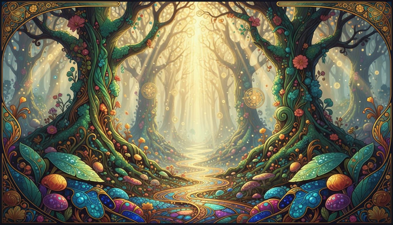 Mystical Forest with Golden Light Beams