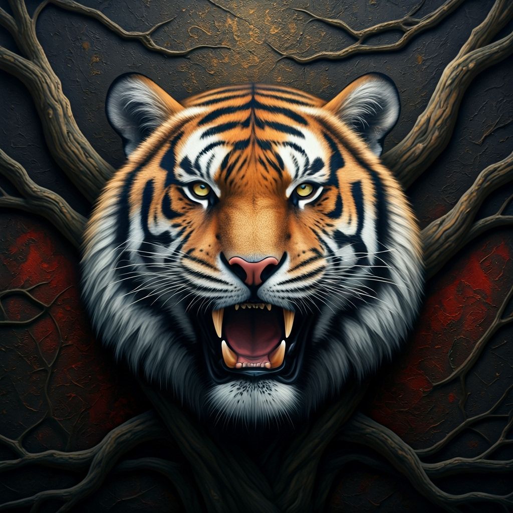Roaring Tiger Emerges from Canvas with Abstract Branches