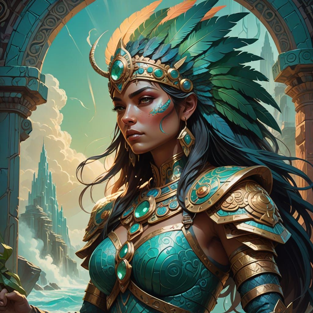 Mysterious Quetzalcóatl-Inspired Warrior in Aztec Temple