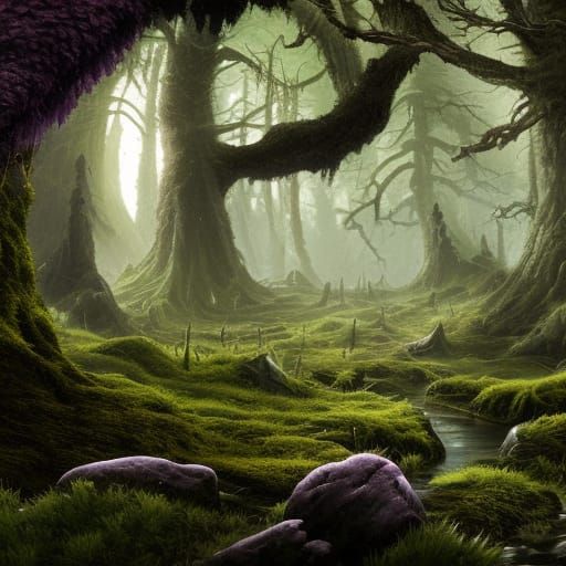 Detailed Purple Moss Fantasy Forest Landscape