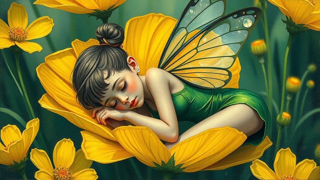 Fairy Slumber in Vibrant Flower, Retro Sci-Fi Style