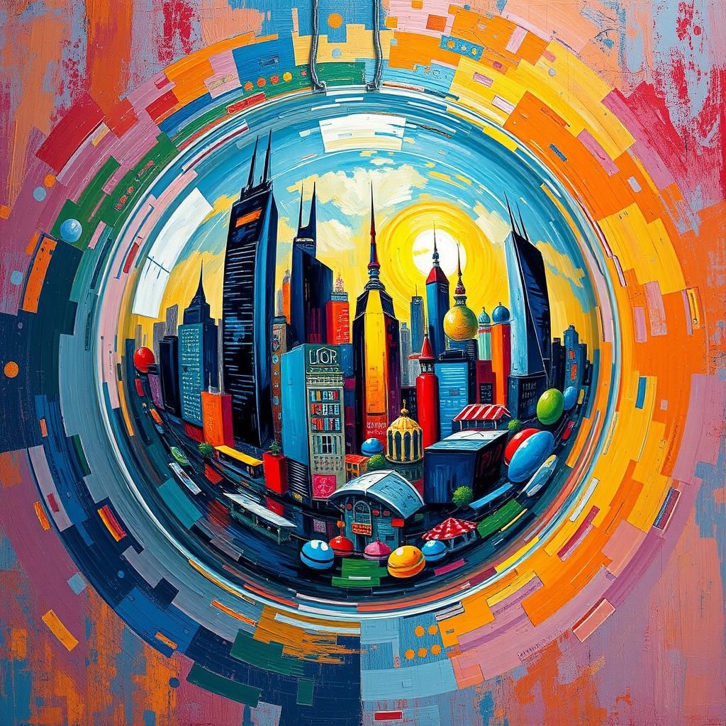 Futuristic Cityscape in Glass Sphere: Neo-Impressionist Art