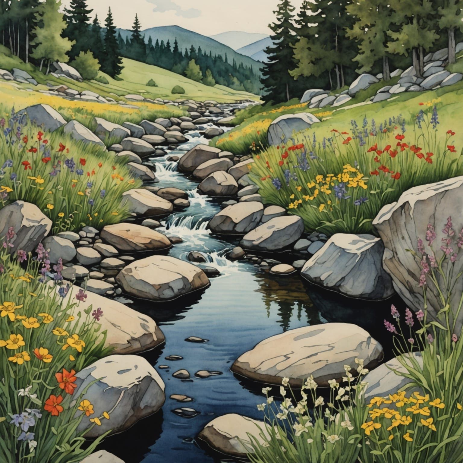 Watercolor Stream with Wildflowers in Rackham Style