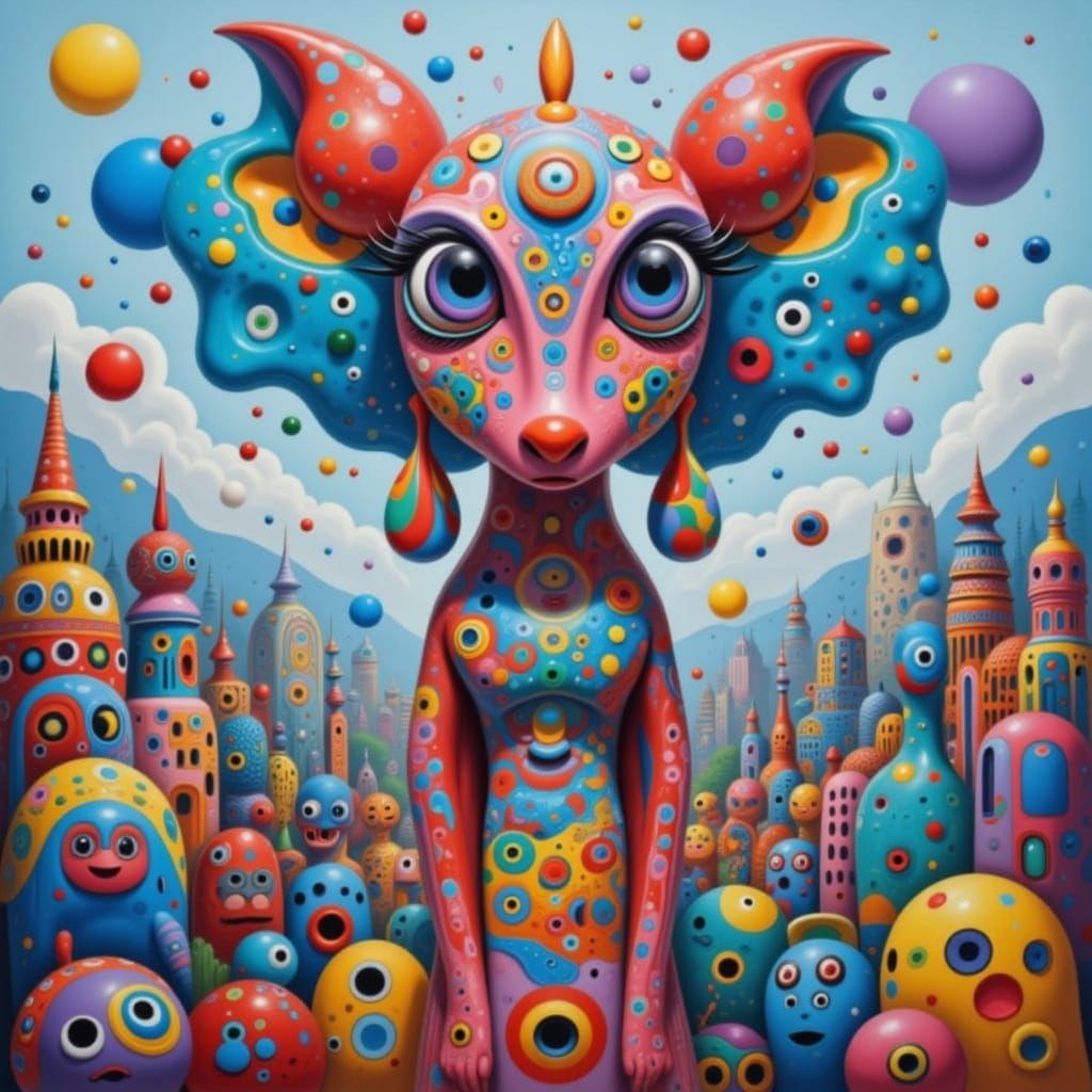 Surreal Colorful Woman in Misty Town