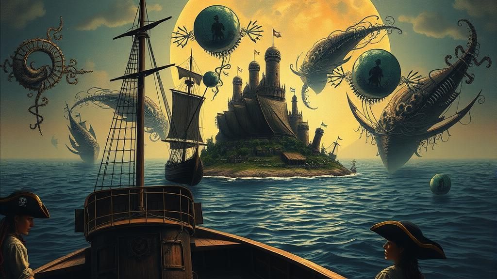 Surreal Pirate Island with Drunken Pirates and Abstract Ocea...