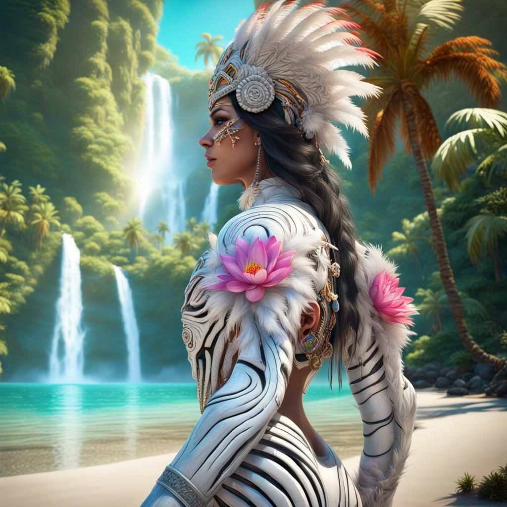 Tahitian Woman in Fluorescent Space Suit on Tropical Beach