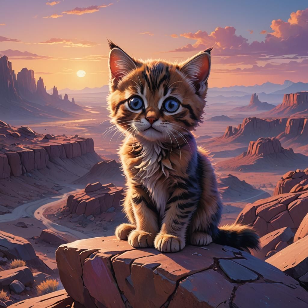 Kitten Overlooking Desert Sunset: Fantasy Concept Art