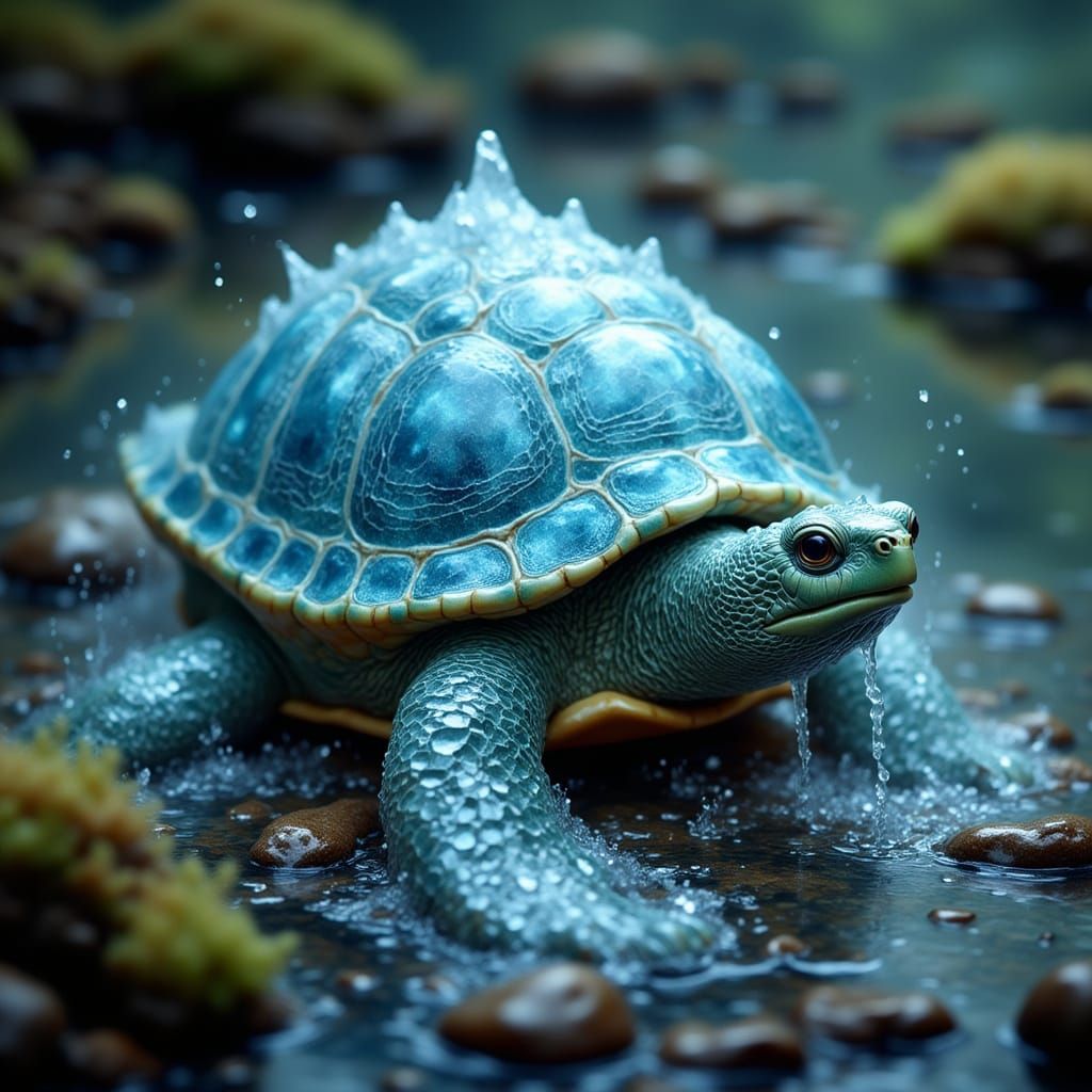 Magical Ice Turtle with Flowing Water in Fantasy Style