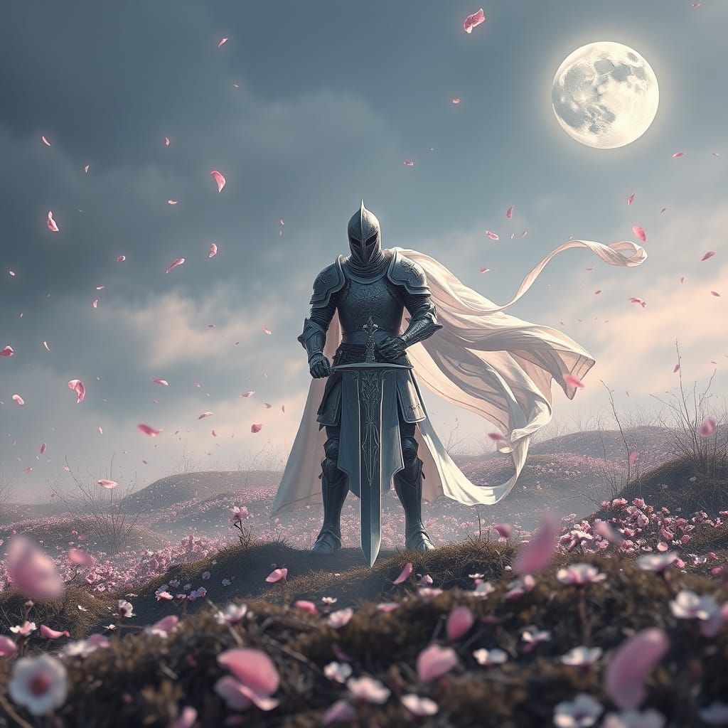 Ethereal Knight on Battlefield with Cherry Blossoms