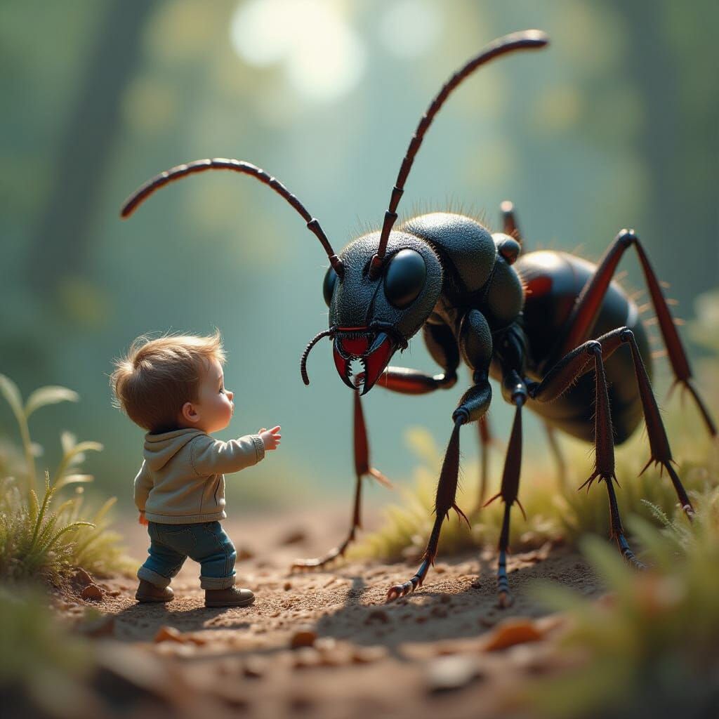 Boy Battles Giant Ant in Hyperreal Style
