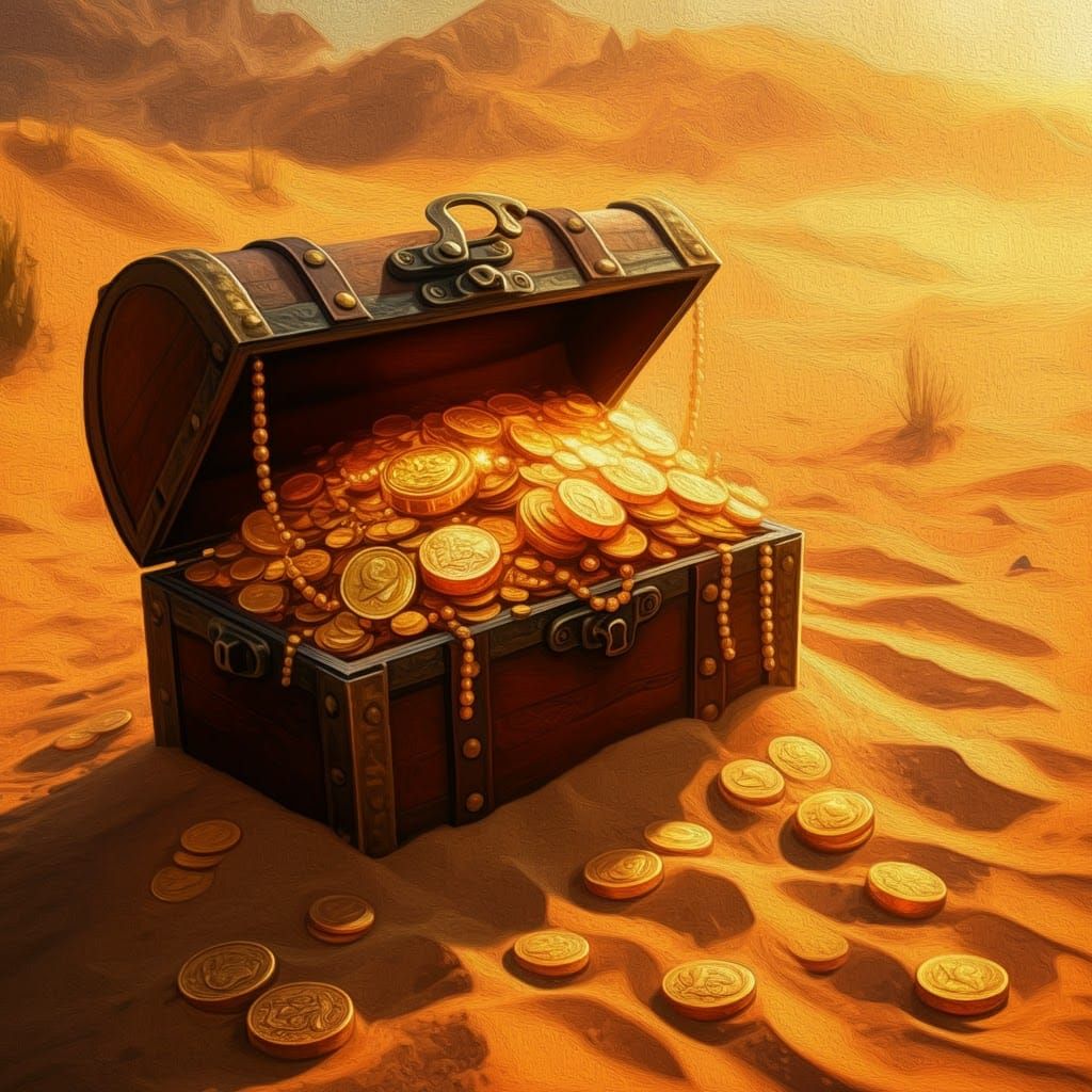 Treasure Chest in Desert, Impressionist Gouache Painting