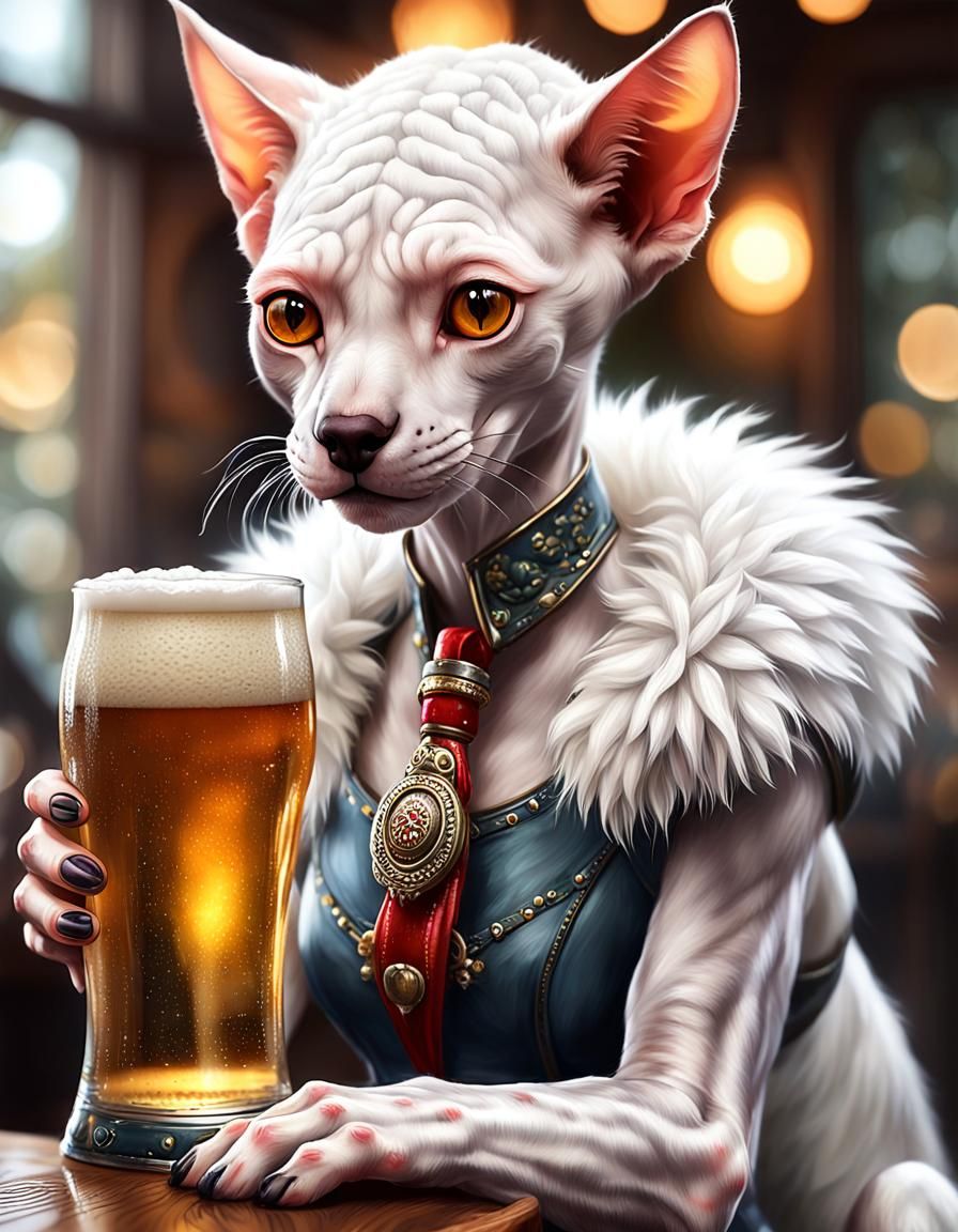 Albino Cat-Girl Hybrid Enjoying Beer: Hyperrealistic Photogr...