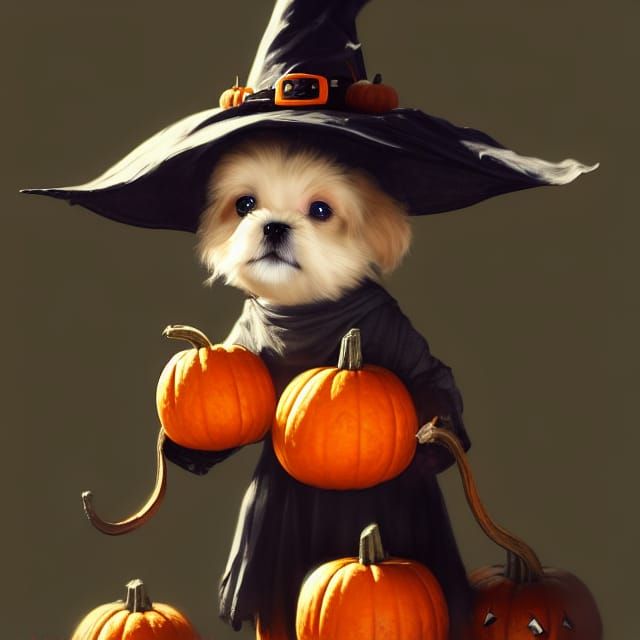 Cute Puppy Witch in Halloween Colors