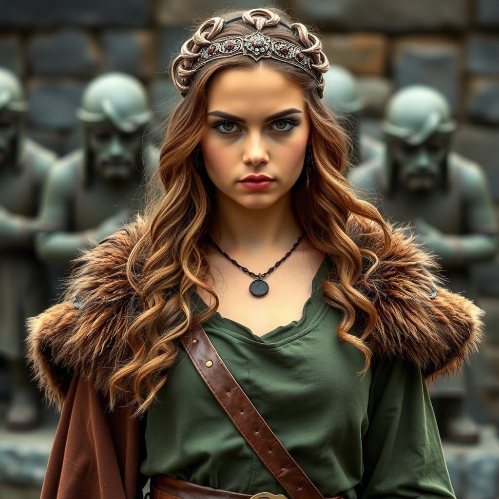 Medieval Fantasy Woman in Green Tunic and Brown Cloak