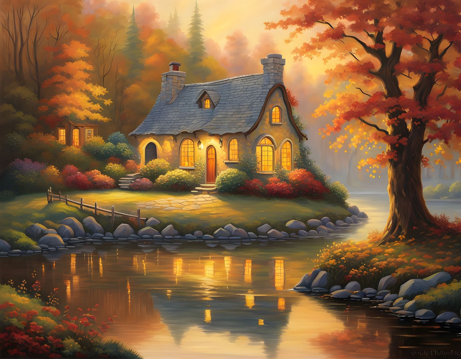 Autumn Cottage Landscape in Acrylic Painting Style