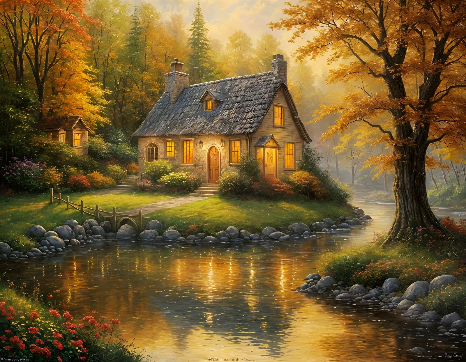 Charming Autumn Cottage in Kinkade Style