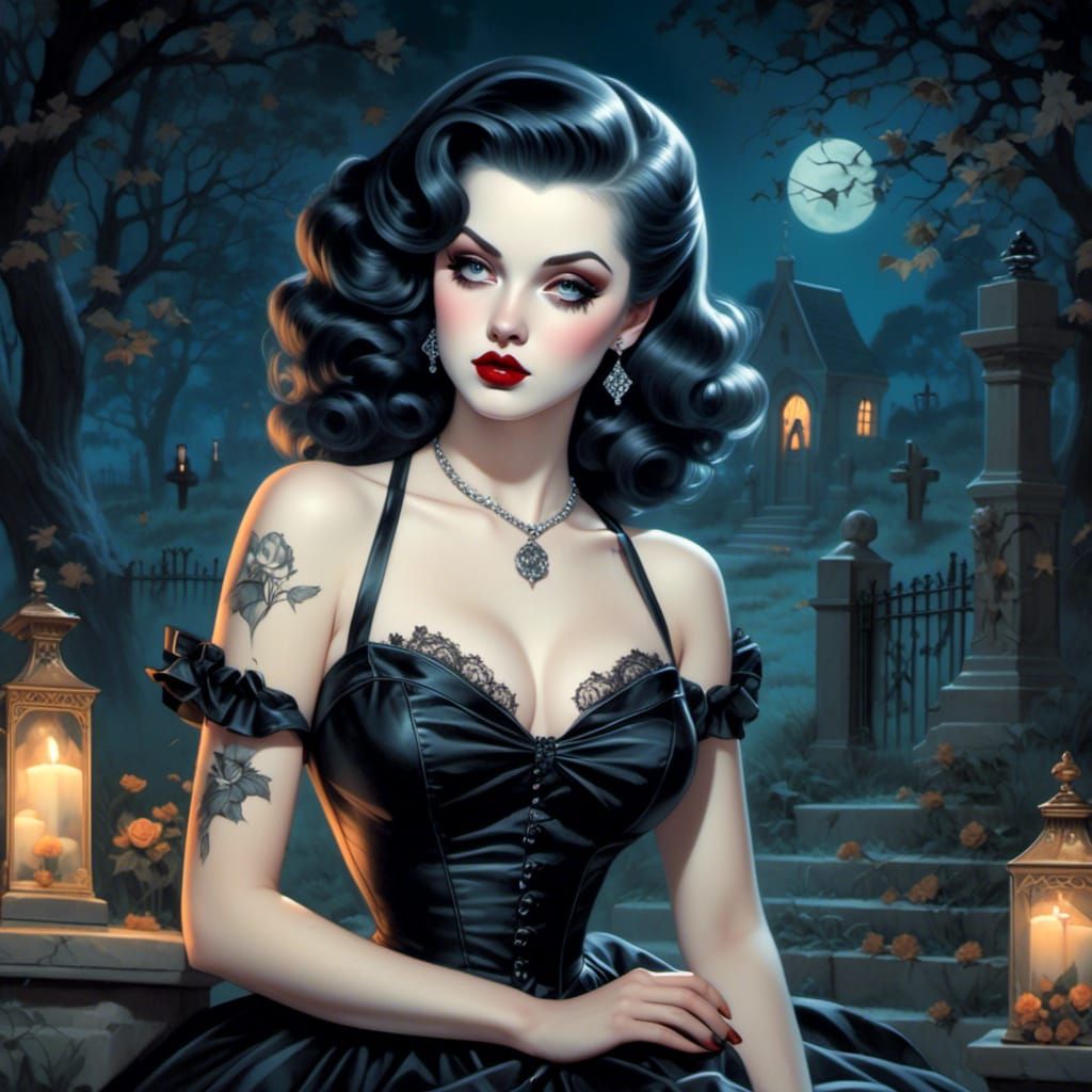 Gothic Pinup Girl in Vargas Retro Style