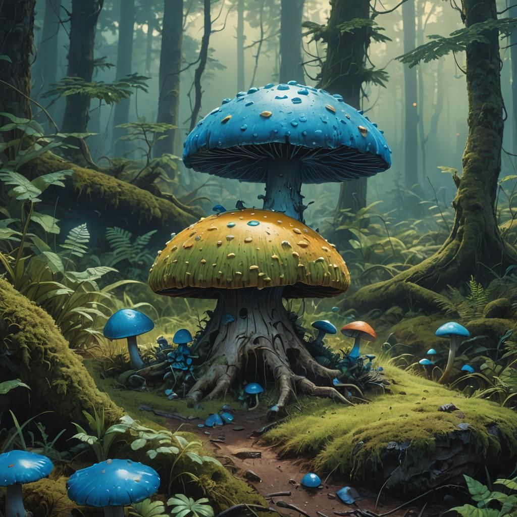 Axolotl on Mushroom in Lush Fantasy Forest