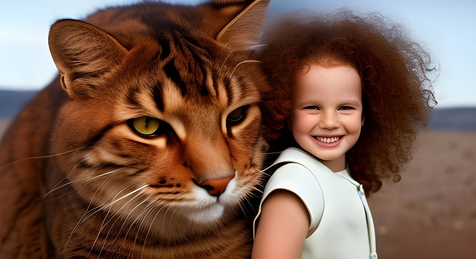 Girl with Giant Tabby Cat Portrait
