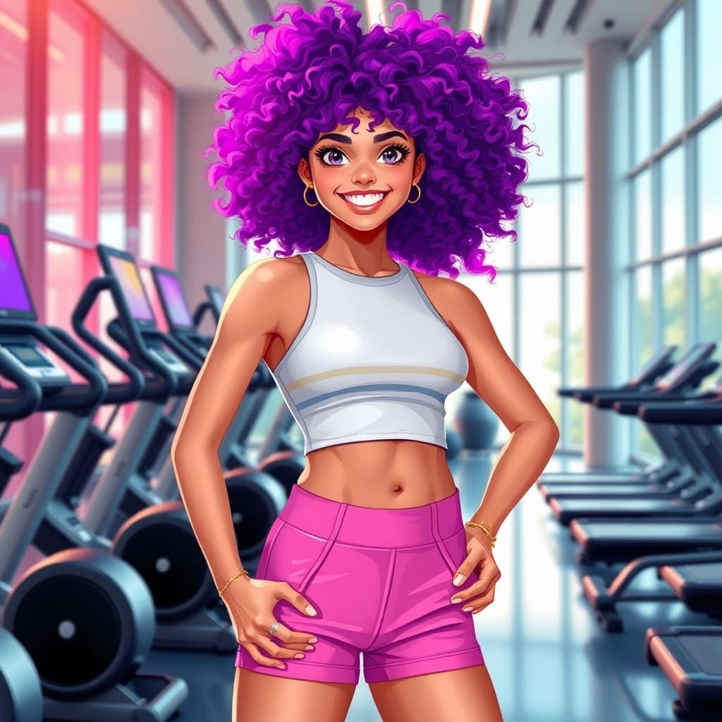Teen Girl with Purple Hair in Gym, Digital Art