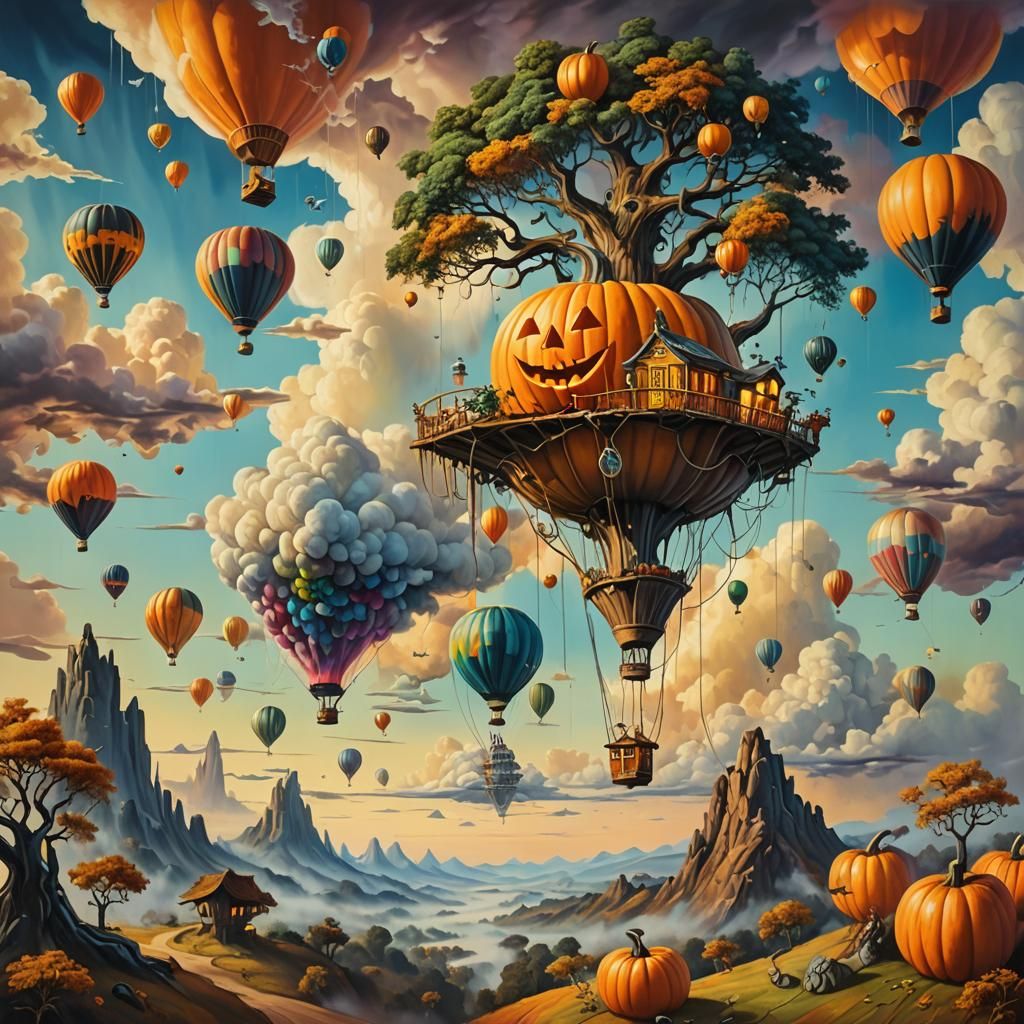 Surreal Floating Pumpkin Treehouse in the Clouds