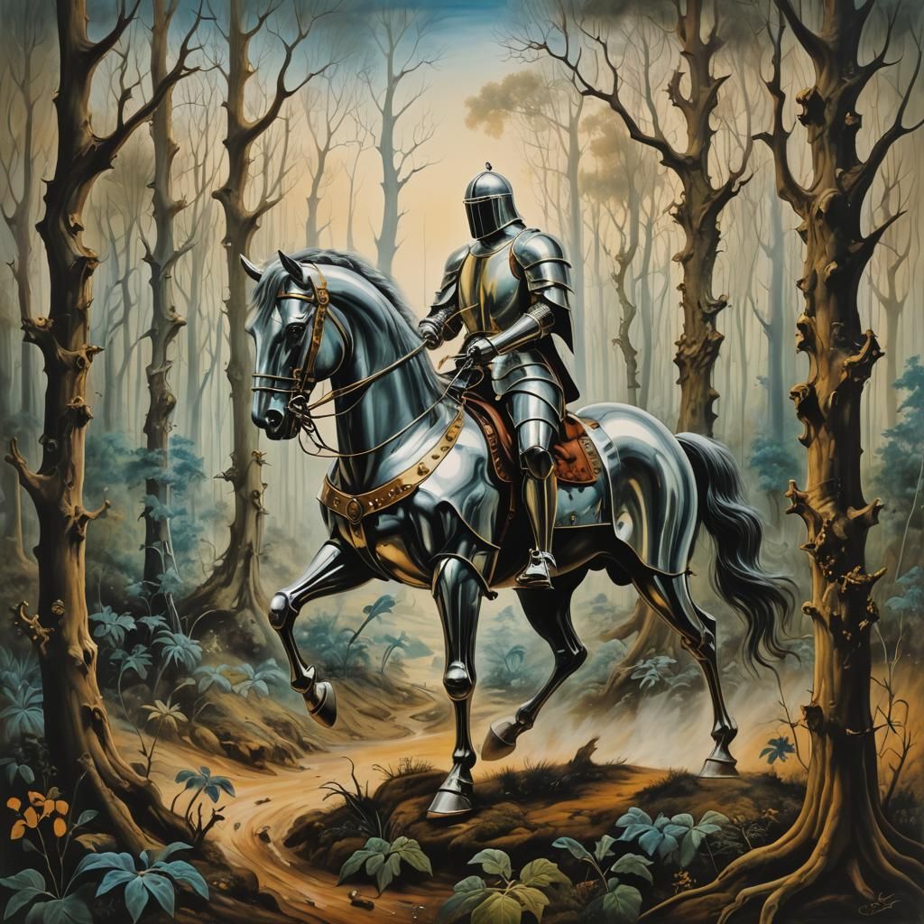 Knight Rides Through Forest in Surreal Dali Style