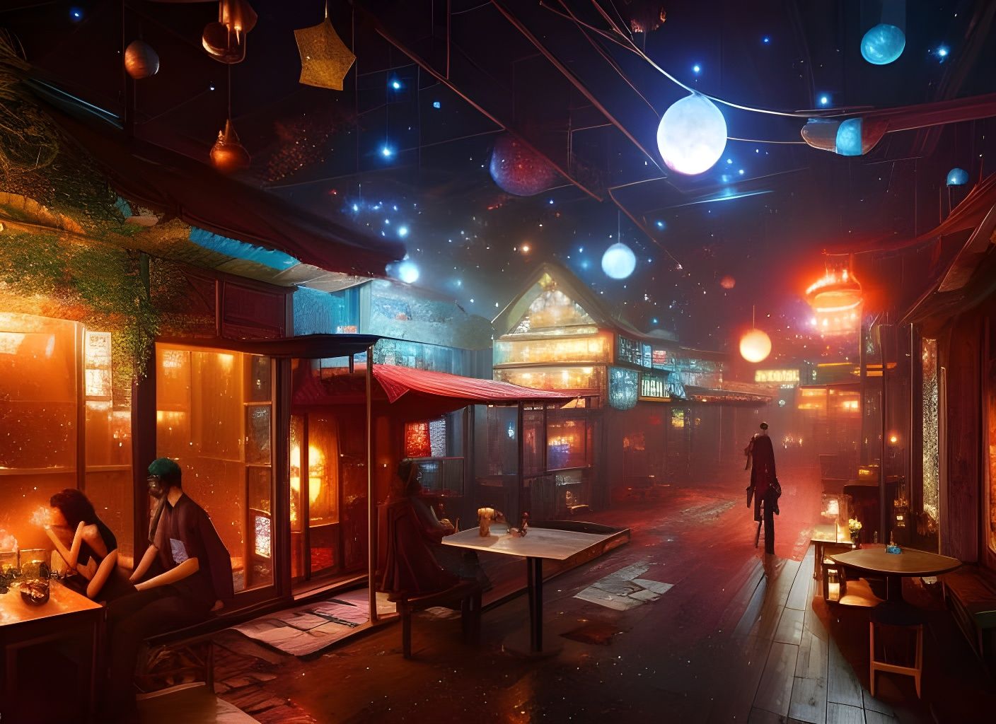 Galaxy Nebula Street Bamboo Tavern with Twinklelights