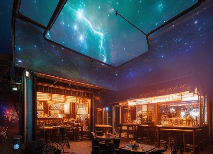 Galaxy Nebula Street Bamboo Tavern with Twinklelights