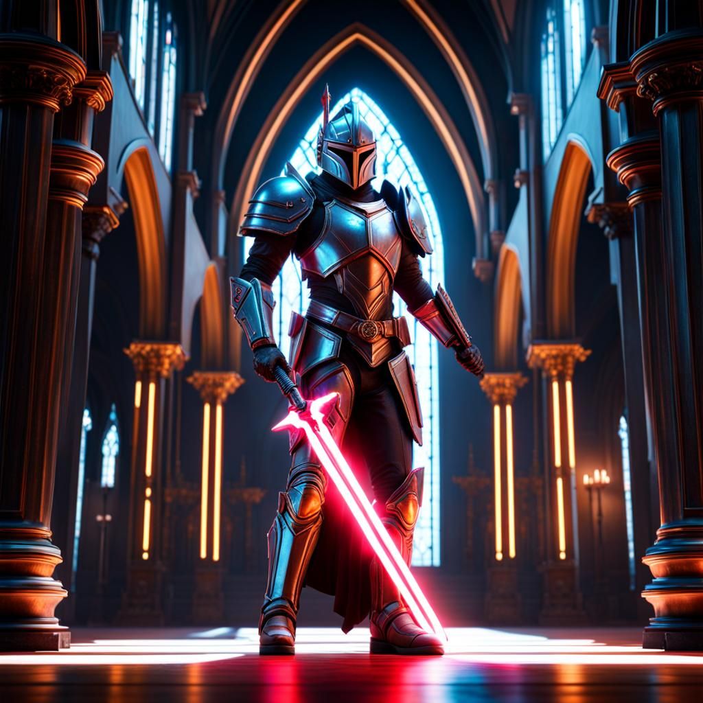 Sci-Fi Knight with Lightsword in a Church